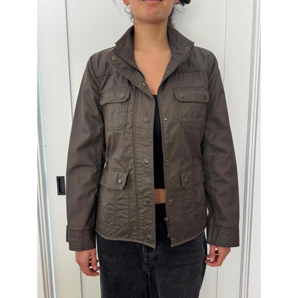 J Crew women's jacket , waxed cotton, 4 patch pocket, zipper and snap front